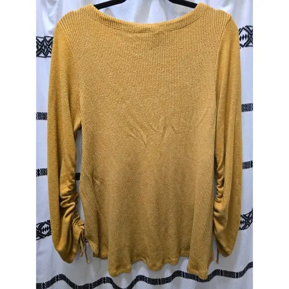Saturday Sunday Anthropologie yellow gathered sleeve lightweight knit sweater M - Picture 6 of 10